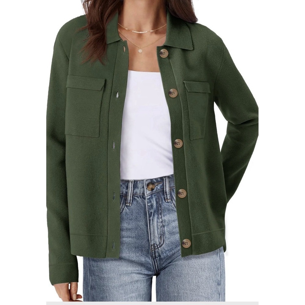 MEROKEETY Women's Medium Open Front Cardigan Long Sleeve Pockets Shacket